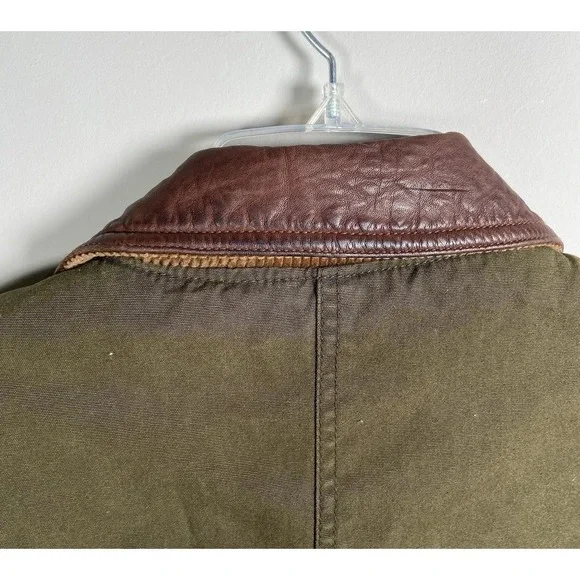 Club Room Chore Jacket Men Medium Olive Leather Collar Plaid Lined Utility Coat